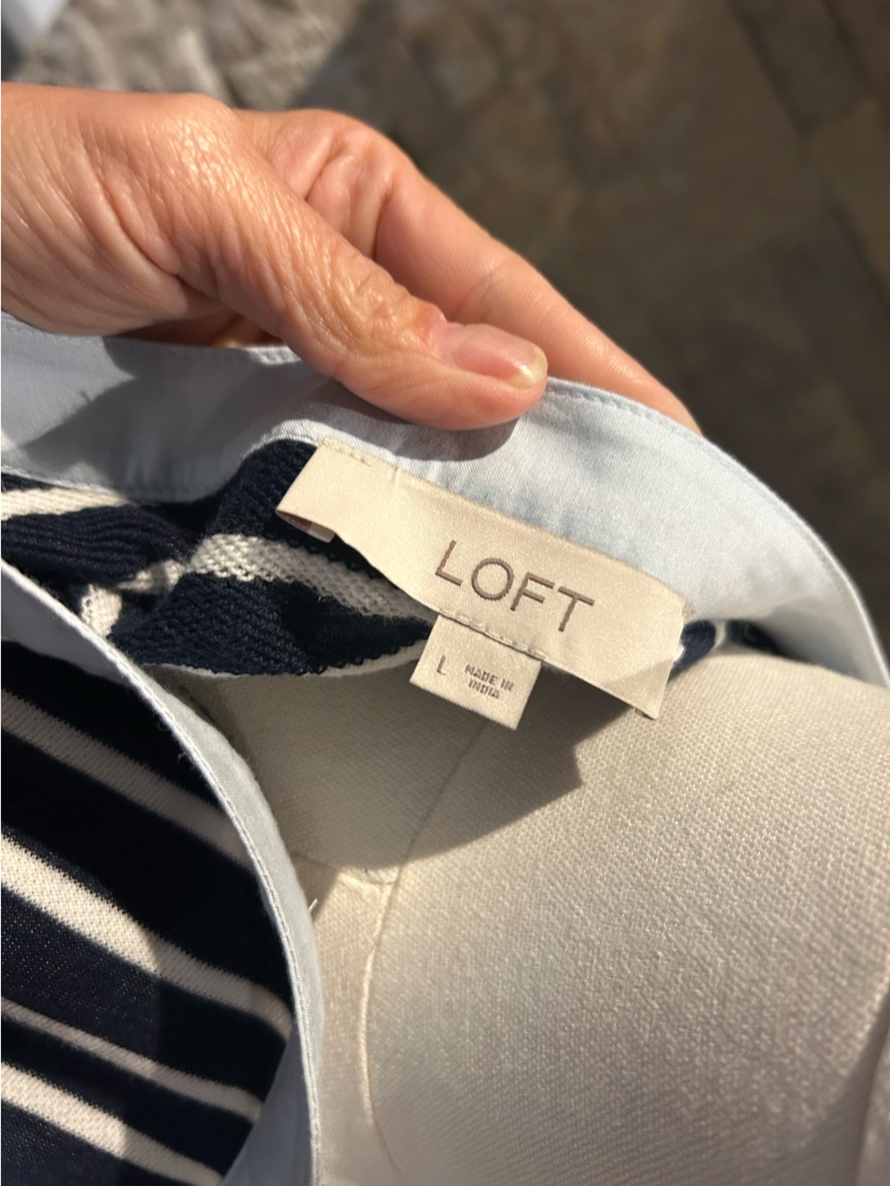 Striped Navy & White Shift Dress with Light Blue Trim - Picture 5 of 6